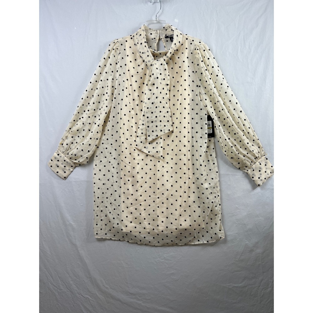 BCBG Polka Dot Shift Dress Womens 14 Cream Black Chiffon Liner Neck Tie Bow